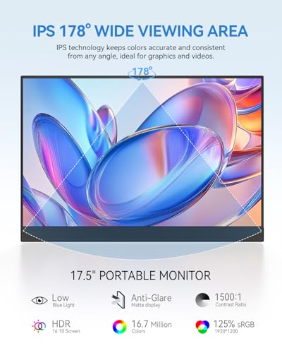 UPERFECT 17.5" Portable Monitor, 1920×1200 FHD 16:10 IPS Display | 125% sRGB, 400 Nits Brightness, USB-C & HDMI, Adjustable Stand, Eye Care Screen Extender for Laptop, MacBook & Gaming - size: 17.5"