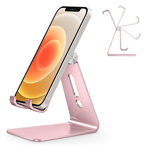 OMOTON Adjustable Cell Phone Stand, C2 Aluminum Desktop Phone Holder Dock Compatible with iPhone 15 14 13 Xs XR 8 Plus 7 6, Samsung Galaxy, Google Pixel, Android Phones, Rose Gold | Sturdy 3mm Aluminum, Charging Port, 270° Adjustable, Non-Slip Silicone Pa