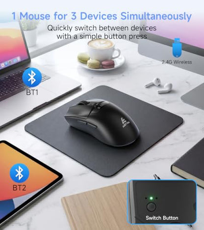 Wireless BT Mouse with Smart LED Screen, 3 Modes(2.4G & BT5.1/5.2) Connect Up to 3 Devices, Rechargeable, Silent Click, 5 DPI Levels, Ergonomic Optical Mice for Laptop PC Mac Windows, Black