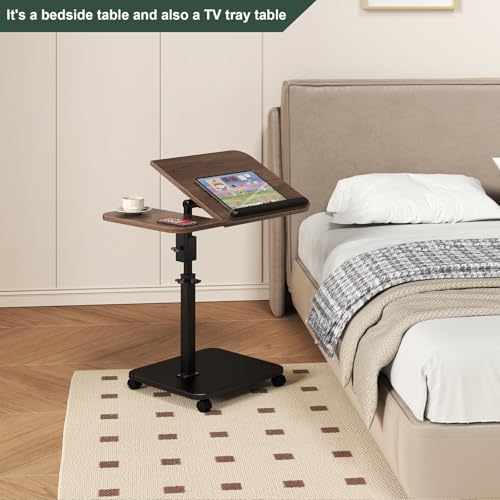 Adjustable Height C Shaped End Table with Wheels,360°Swivel Side Table, Top Tilting Laptop Stand TV Table for Sofa/Bed, Couch Tables that Slide under, Rolling Coffee Table for Living Room (walnut)