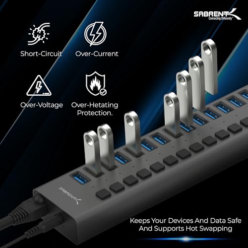 SABRENT 16-Port USB 3.0 Data Hub & Charger, 90W (HB-PU16) | Individual power switches; 90W high-power output; charge and sync multiple devices; powered usb hub