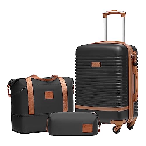 Coolife Suitcase Set 3 Piece Luggage Set Carry On Travel Luggage TSA Lock Spinner Wheels Hardshell Lightweight Luggage Set(Black, 3 piece set (DB/TB/20)) - color: Black, size: 3 piece set (DB/TB/20)