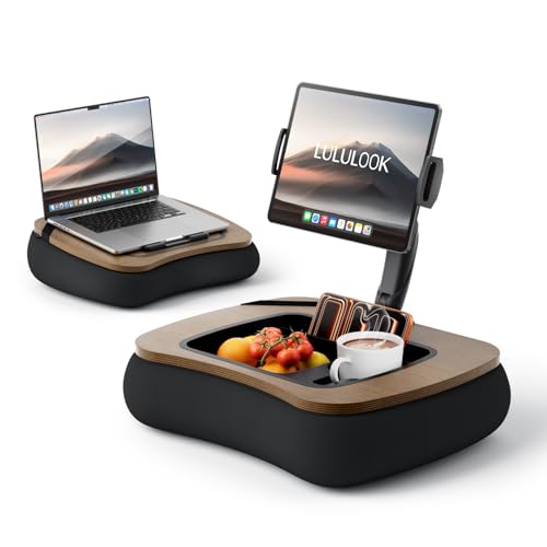 LULULOOK 2-in-1 Lap Desk & Kindle Pillow Stand, Laptop Desk Holder with Beanbag Cushion & Foldable Arm for 14" Laptop,iPad, Phone, 4.7-14.6" Tablet & Kindle Reading in Bed - color: Walnut Brown