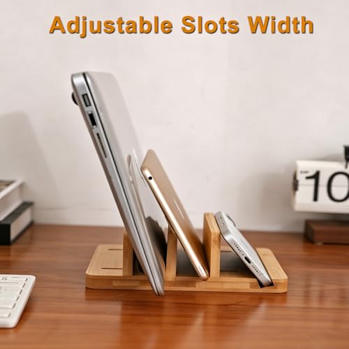 Vertical Laptop Stand for Desk Dual Slot 1.4-2in Width Adjustable Dock for MacBook Pro and Other Laptops,Bamboo Stand for Desk,MacBook Air Pro/Dell XPS/Surface pro/HP/Pixelbook/Lenovo,More Laptops