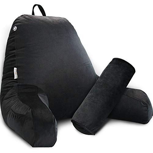 Reading Pillow for Adults Sitting‑Up in Bed, Backrest with Arms | Detachable Neck‑Cushion; Shredded Memory‑Foam; Side Pockets; Washable Velvet Cover; Gaming & TV, Sofa Use - color: Black