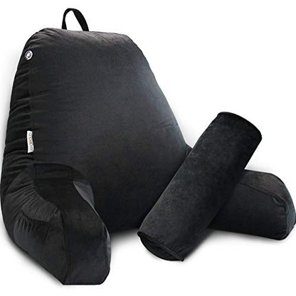 Reading Pillow for Adults Sitting‑Up in Bed, Backrest with Arms | Detachable Neck‑Cushion; Shredded Memory‑Foam; Side Pockets; Washable Velvet Cover; Gaming & TV, Sofa Use - color: Black