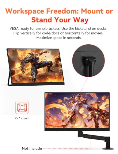 HotYeah 16" 2.5K 144Hz Portable Gaming Monitor, 2560x1600 QHD 125% sRGB | USB-C HDMI Laptop Monitor, External Travel Monitor w/Adjustable Kickstand for MacBook, Laptop, PC, Phone, Tablet, Switch, PS5 - size: 16-inch