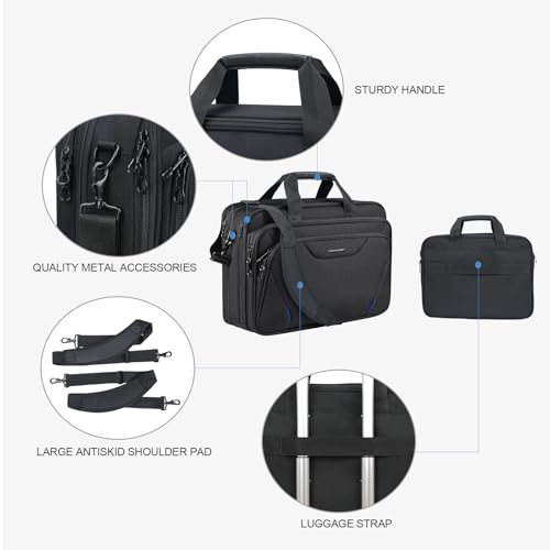 KROSER 17.3 Inch Laptop Computer Briefcase, Water-Repellent Messenger Bag | Expandable design, padded laptop compartment,shoulder strap and luggage strap for business, travel, men and women-Black/Blue - color: Black/Blue