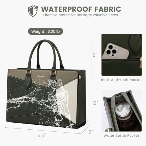 LOVEVOOK Laptop Bag for Women,15.6 lnch Waterproof Lightweight Leather Tote Bag,Professional Business Office Work Bags with Clutch Purse,Large Capacity Computer Shoulder Handbag,Army-Grey-White - color: Army Green - Grass Grey Green - Beige White(leather)