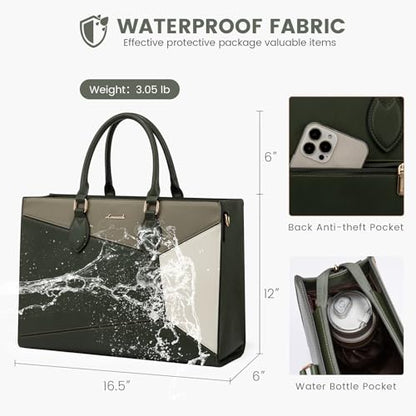 LOVEVOOK Laptop Bag for Women,15.6 lnch Waterproof Lightweight Leather Tote Bag,Professional Business Office Work Bags with Clutch Purse,Large Capacity Computer Shoulder Handbag,Army-Grey-White - color: Army Green - Grass Grey Green - Beige White(leather)