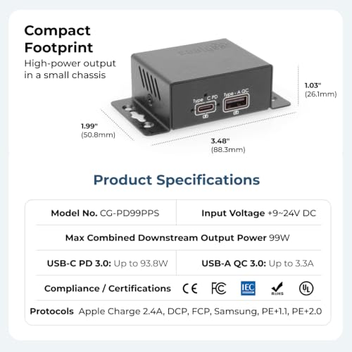 Coolgear ChargeIT! Mini 99W Dual Port USB Charger | USB-C PD 3.0, USB-A QC 3.0 & PPS | UL & IEC Compliant - style: 99.0 Watts