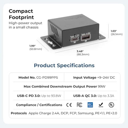 Coolgear ChargeIT! Mini 99W Dual Port USB Charger | USB-C PD 3.0, USB-A QC 3.0 & PPS | UL & IEC Compliant - style: 99.0 Watts