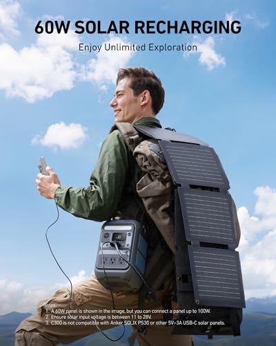 Anker SOLIX C300 Portable Power Station with 60W Solar Panel, 288Wh, 300W | 288Wh LiFePO4 Battery, 300W (Peak 600W), 140W Two-Way Fast Charging, Solar Panel-Ready, for Outdoor and Emergency Use - style: 60W Solar Panel + C300