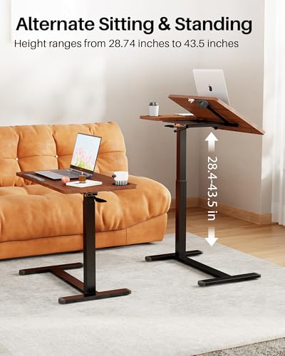 Overbed Table with Wheels, Pneumatic Lift, Foldable Top (Brown) | 0-70° Tilt Desktop Bedside Table, Hidden Casters,1.18 In Low-Profile Base Slides Under Beds and Sofas, Holds 88 Lbs - color: Brown