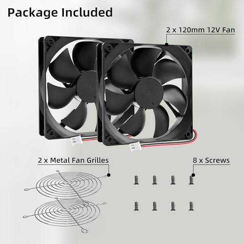 12V DC 120mm 120x120x25mm Cooling Fan 2Pin 2Wire 1600RPM 2-Pack | Durable 2-Pin XH2.54 Connector Easy to Install Versatile for Computer PSU RV Refrigerator Amplifier - size: 120x25mm