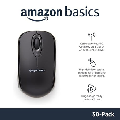 Amazon Basics 2.4 GHz Wireless Optical Computer Mouse with USB Nano Receiver, Black, 30-Pack - color: Black, style: 30-Pack