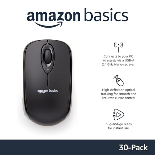 Amazon Basics 2.4 GHz Wireless Optical Computer Mouse with USB Nano Receiver, Black, 30-Pack - color: Black, style: 30-Pack