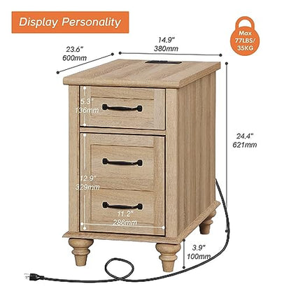 WAMPAT Farmhouse End Table with Charging Station, Light Wood Sofa Side Table with Storage Cabinet, Narrow Night Stand Bedside Table with Drawer for Living Room, Bedroom, Oak - color: Oak