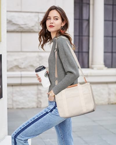 Canvas Tote Bag with Multi-Pocket for Women Large Crossbody Shoulder Handbag Everything Tote Bag with Compartments - color: Beige, size: X-Large