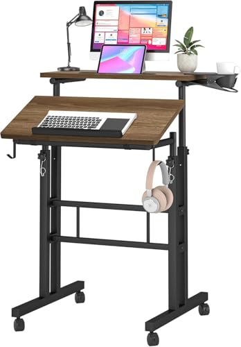 Klvied Stand Up Desk on Wheels, Portable Computer Desk for Home Office,Rolling Desk for Laptop with Removable Cup Holder, Adjustable Laptop Cart for Standing or Sitting,Raffia - color: Raffia