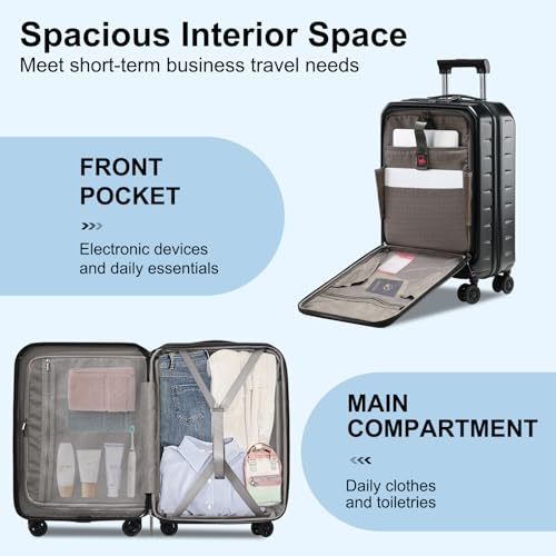 CENSIEN 20 Inch Carry On Luggage 22×14×9 Airline Approved with Front Pocket | Front Opening with Laptop Pocket,Lightweight ABS+PC Hard Shell Suitcases,360° Spinner Wheels,TSA Lock,YKK Zipper,Black - color: Black, size: 20 Inch