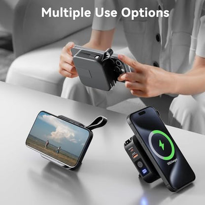 Powerpack Universal 5 in 1 Travel Power Bank - for Magsafe Battery Pack,10000mAh Power Bank with Built in Cable - Wireless Portable Charger for iPhone 15/15 Pro/ProMax, iPhone 14/13/12 Series - color: Black