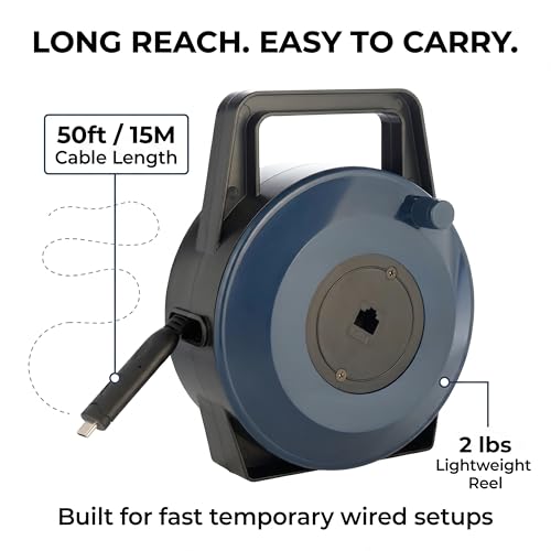 USB-C (Type-C) to Ethernet Cable Reel, 50Ft (15M) CAT6 Tough-Flat™, Up to 1 Gbps, Plug & Play, Truck-Pass Safe, Retractable Cable for Temporary Setups
