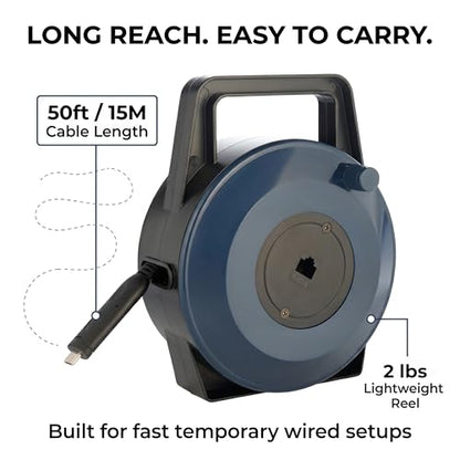 USB-C (Type-C) to Ethernet Cable Reel, 50Ft (15M) CAT6 Tough-Flat™, Up to 1 Gbps, Plug & Play, Truck-Pass Safe, Retractable Cable for Temporary Setups