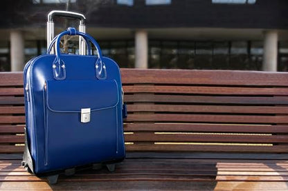 McKlein LA GRANGE, Top Grain Cowhide Leather, 15" Leather Detachable -Wheeled Ladies' Laptop/Computer & Tablet Business Briefcase Bag/Women's Rolling Overnight Travel Bag, Removable trolley case - color: Navy, size: 14.4"x8.75"x18.5"