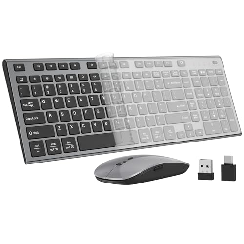 Wireless Keyboard and Mouse, GALENMORO Silent Quiet Combo Low Profile USB C Full Size Compact with Number Pad Flat Soft Touch Cordless for Mac Computer PC Laptop MacBook iMac Office - Black and Gray - color: Gray and Black