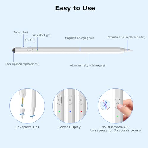 KARFUN 2 in 1 Stylus Pen for iPad Fast Charge | 2-in-1 Active Stylus Pen, Fast Charge for iPad 10 Gen, for Pro 11/12.9", Air 3/4/5, mini 5/6, iPad 6/7/8/9/10