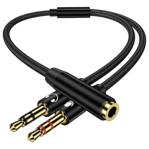 Headphone Splitter Cable for PC,3.5mm Female to 2 Dual Male Headphone Braided Audio Splitter Cable,Separate Audio Stereo Jack Microphone Headphone Port for Gaming Headset to PC Laptop Adapter - color: Black