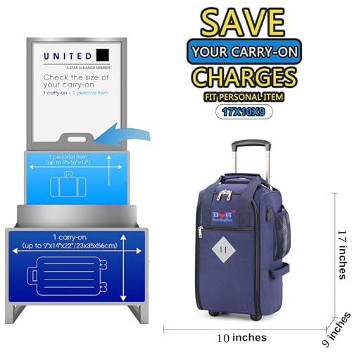 Boardingblue 17x10x9 Inches United Airlines Rolling Personal Item Under Seat Duffle Bag Luggage Suitable For Major Airlines Including Spirit, and Frontier Airline (Navy) - color: Blue
