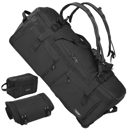 45/80/100L U-Zip Rolling Duffel Bag with Wheels, X-Large Durable Travel Duffle + Toiletry Bag, Lay-Flat Opening, Packable w/Shoulder Straps- Use as Luggage or Backpack, Men/Women (Black) - color: U-Zip Black