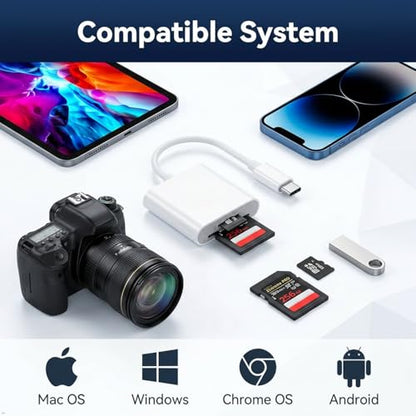 USB-C SD Card Reader, Dual-Slot for SD and MicroSD Cards, Type C Memory Card Adapter, Plug and Play, Compatible with iPhone 15/16/17, iPad, Laptop