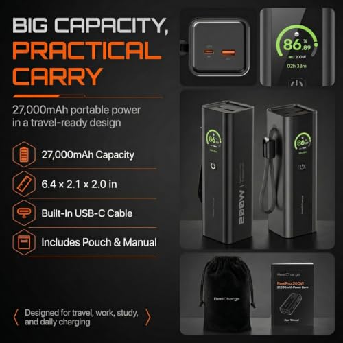 ReelPro 200W 27000mAh Power Bank, Portable Charger with 140W USB C Wristlet Cable, LED Display, Fast Charging for Laptop, iPhone, and iPad (Gray)