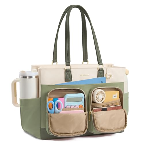 LOVEVOOK Laptop Work Tote Bag for Women with 40oz Cup Holder and Pockets | 40oz Large Cup Holder,Teacher Tote Bag with Laptop Compartment,Zippered Nurse bag for Work or Travel - color: Green, size: 16 inch