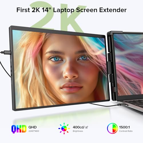 UPERFECT Laptop Screen Extender, 2K 14" 360° Unique Swivel Hinge | 180° Automatic Rotation, 2240x1400 QHD IPS Portable Monitor for 14"-17'' Laptops, USB-C & MINI HDMI (Only One Screen) - size: 14