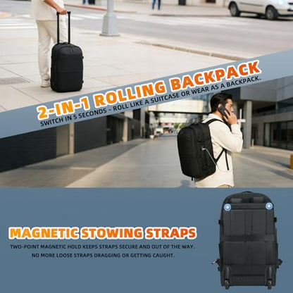 Vacuum Rolling Backpack, 60L Expandable Carry-On with Pump, TSA Lock & USB Port, Water-Resistant Travel Bag with 19" Laptop Compartment for Commute, Outdoor & Family Trips, Men Women