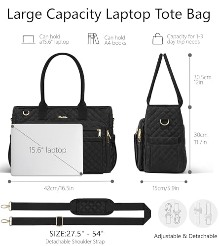 Bagstellar Teacher Tote Bag for Women, 15.6" Laptop Work Tote Computer Bag | Quilted Bible Nurse Bag with 40oz Cup Holder, Insulated Pocket & Strap, Large Laptop Briefcase for School Travel Office Gifts - color: Black