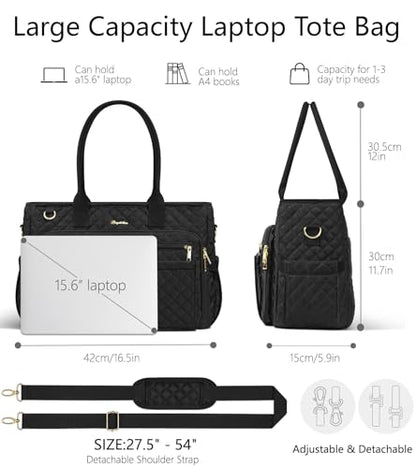 Bagstellar Teacher Tote Bag for Women, 15.6" Laptop Work Tote Computer Bag | Quilted Bible Nurse Bag with 40oz Cup Holder, Insulated Pocket & Strap, Large Laptop Briefcase for School Travel Office Gifts - color: Black
