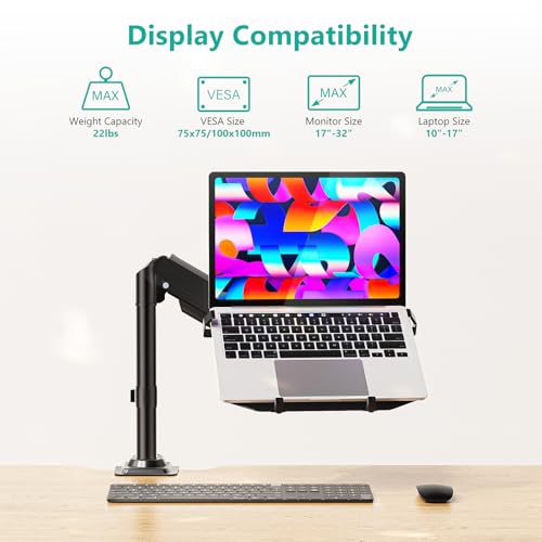 WALI Laptop Desk Mount for 15.6 inch Notebook, Fully Adjustable Single Monitor Arm with Laptop Holder for 32 inch Screen, Laptops Stand with Ventilated Tray, Up to 22 Lbs, (GSDM00LP), Black - size: Width 15", Fully Adjustable Desk Mount