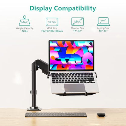 WALI Laptop Desk Mount for 15.6 inch Notebook, Fully Adjustable Single Monitor Arm with Laptop Holder for 32 inch Screen, Laptops Stand with Ventilated Tray, Up to 22 Lbs, (GSDM00LP), Black - size: Width 15", Fully Adjustable Desk Mount