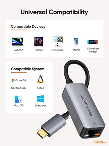 CableCreation USB C Network Adapter, Type-C (Thunderbolt 3) to RJ45 Gigabit Ethernet LAN Network Adapter Compatible with Steam Deck, MacBook Pro,MacBook Air,M1/M2,iPad 2022,Galaxy S22 Ultra