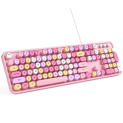 MOWUX Computer Keyboard Wired, Plug and Play USB Retro Round Typewriter Keyboard, Full Size Wired Keyboard with Foldable Stands for Laptop and Office PC- Pink Colorful - color: Pink Colorful