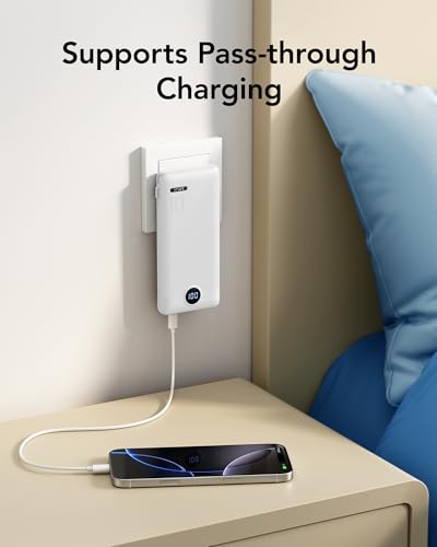 VRURC 10000mAh Portable Phone Charger, Built-in AC Plug & Cables, White | 22.5W fast charging, LED display, built-in Micro/USB-C/Phone cables, airline approved travel accessory,8 oz - color: White