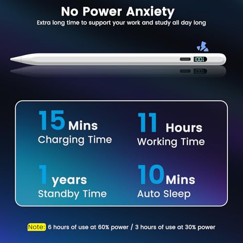 Pencil for iPad 2026-2018, LED Display Fast Charge Stylus Pen | Palm Rejection,Tilt Sensitivity, Compatible for iPad A16 11/10/9/8/7/6, Pro 11"/12.9"/13''/M4, Air M3/M2/5/4/3, Mini 7/6/5 - color: Silver White