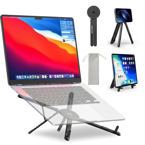Adjustable Laptop Stand for Desk with Magnetic Phone Holder, MagSafe Compatible Portable Foldable Computer Riser for MacBook, iPhone, iPad, Tablet - Perfect for Office, Home, Traveling (black) - color: black