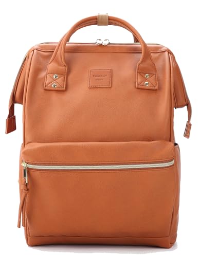 Kah&Kee Leather Laptop Backpack for Women 15 inch Teacher Work Travel Bag | Premium water-resistant PU leather. Fits 14″ & 15″ laptops. Anti-theft pocket, luggage strap. Ideal for daily commute. - color: Camel, size: Medium
