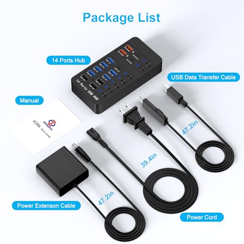 Powered USB Hub, 14 Ports USB Splitter with Individual Power On/Off Switches, 60W Power Adapter for Mac, PC, and More